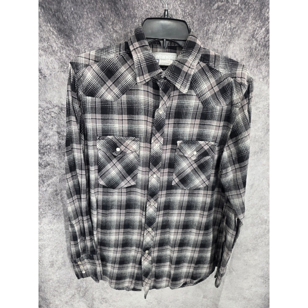 Wrangler Wrancher Flannel Western Shirt Men Medium Black Plaid Pearl Snap Cowboy